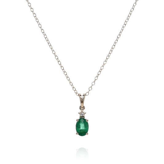 14k Yellow Gold Oval Green Emerald and Diamond Pendant Necklace