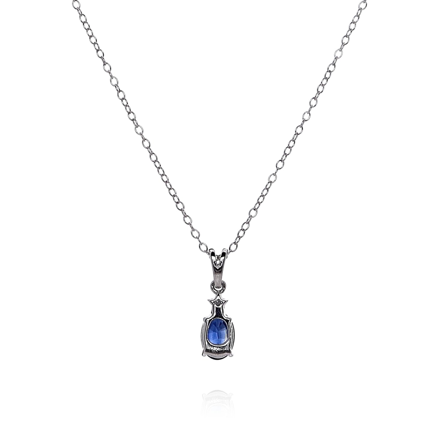 14k White Gold Oval Blue Sapphire and Diamond Pendant Necklace