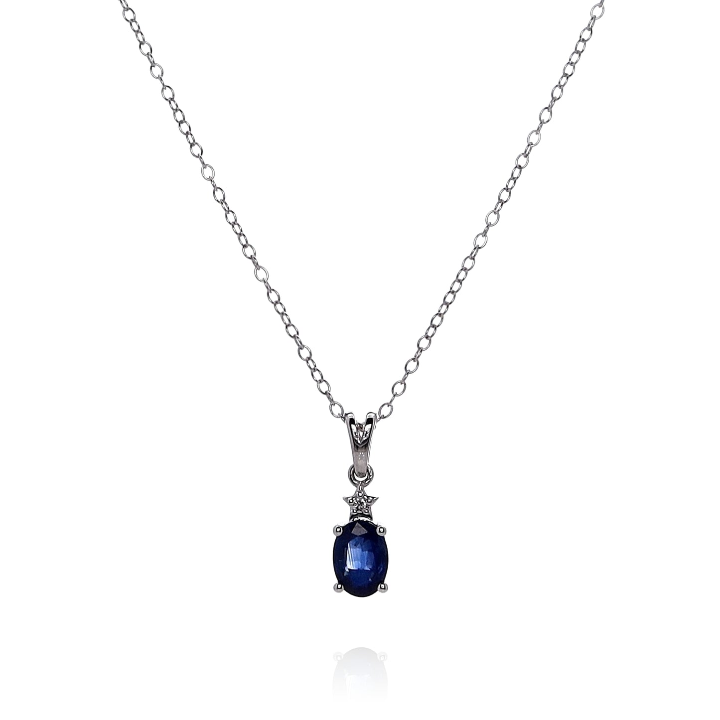14k White Gold Oval Blue Sapphire and Diamond Pendant Necklace