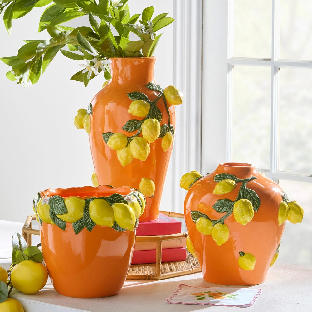 Raz Imports Orange Vase with Lemons