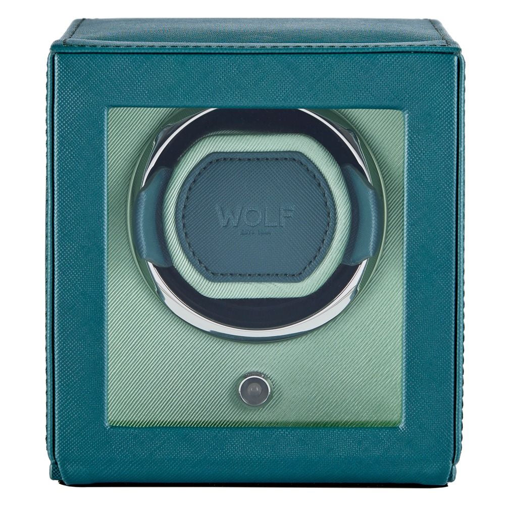 Teal watch winder with 'Wolf' branding on a white background