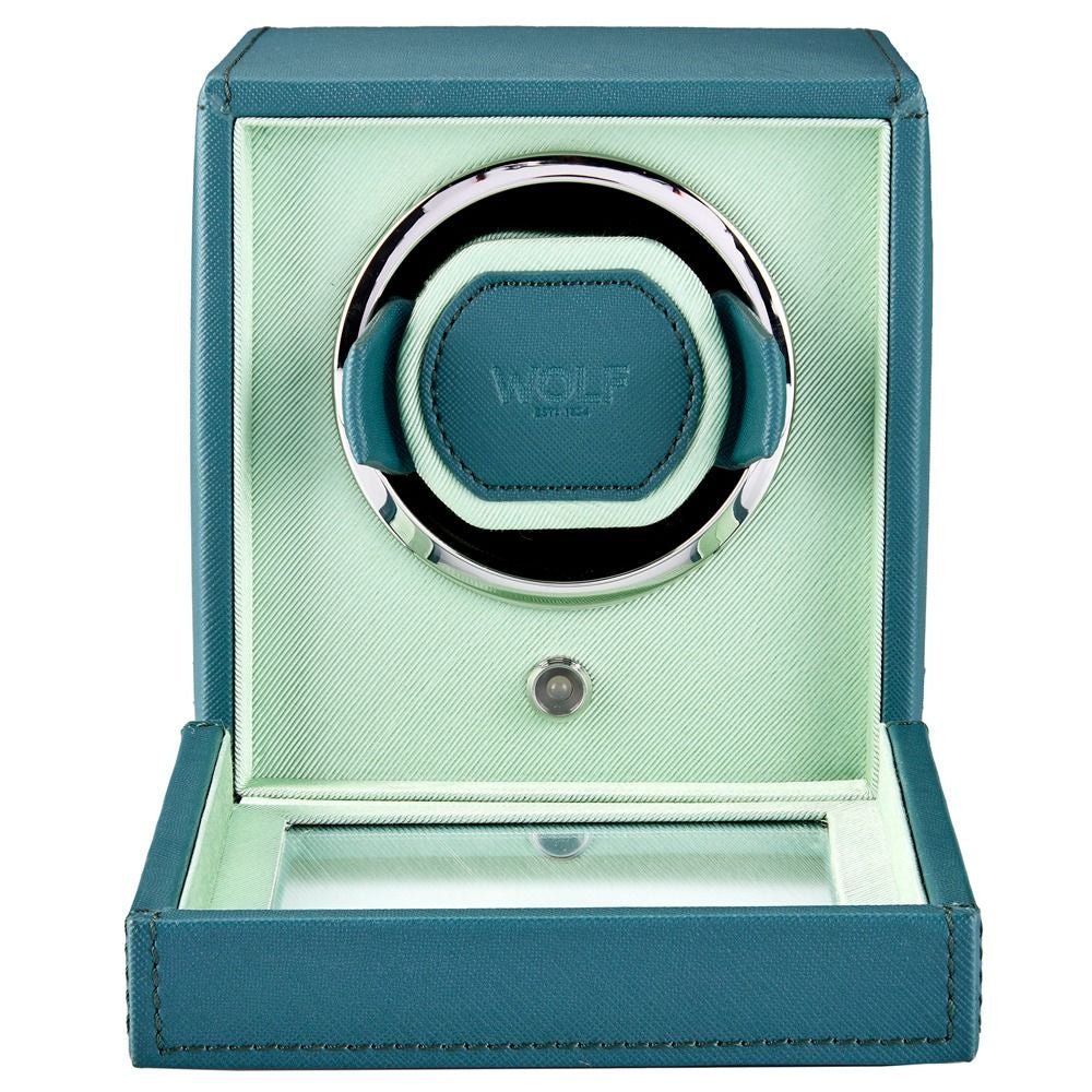 Teal watch winder with WOLF branding on a white background