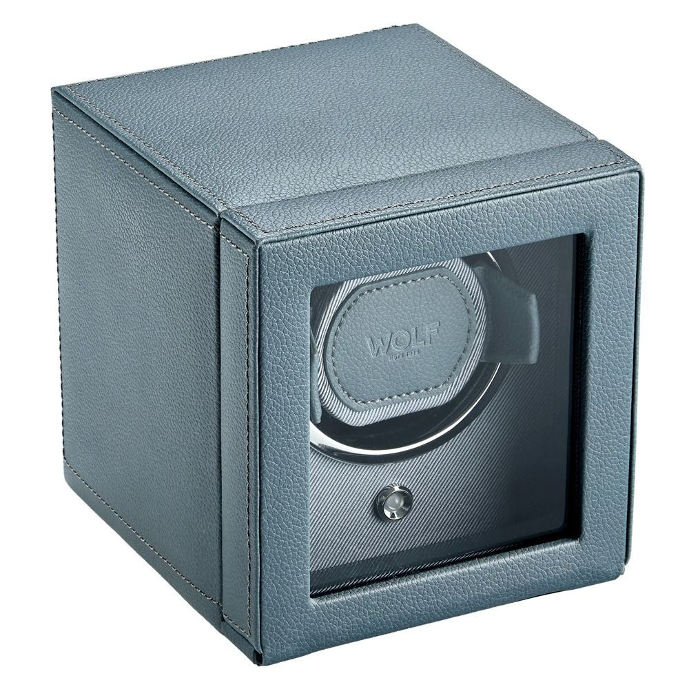 Gray watch winder with WOLF branding on a white background