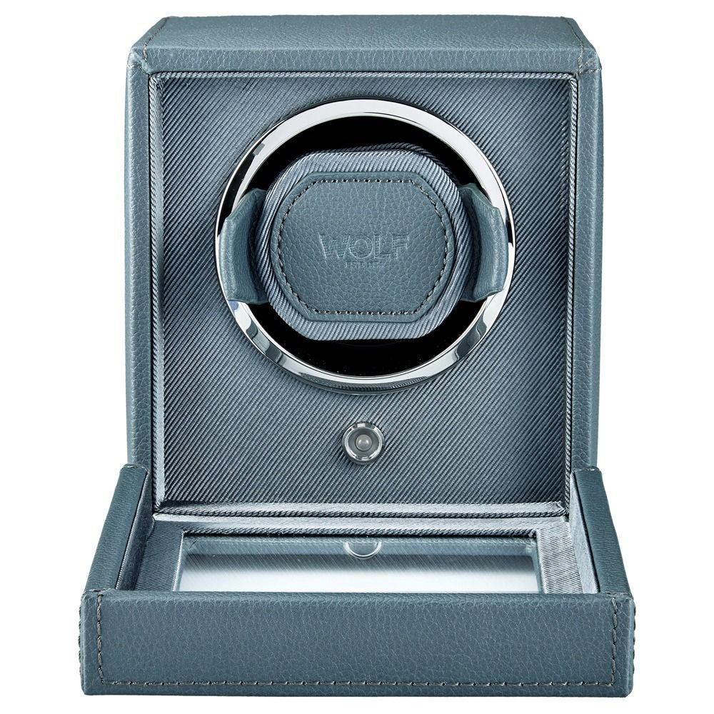 Blue watch winder with Wolf logo on a white background
