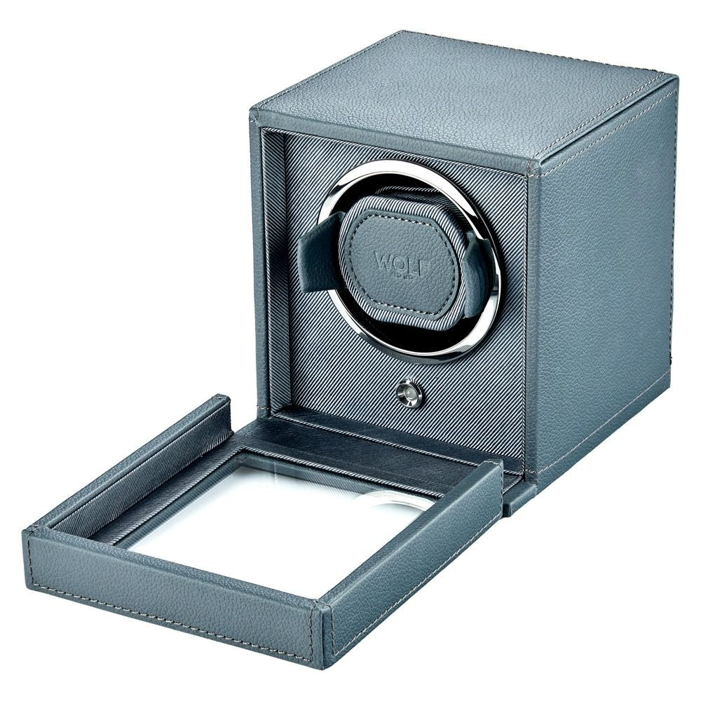 Gray watch winder with open lid on a white background