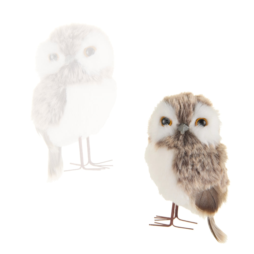 A fluffy owl figurine shown in two views on a white background: a faint faded view on the left and a clearer front view on the right. The owl has brown and white feathers, large yellow eyes, and small dark legs.