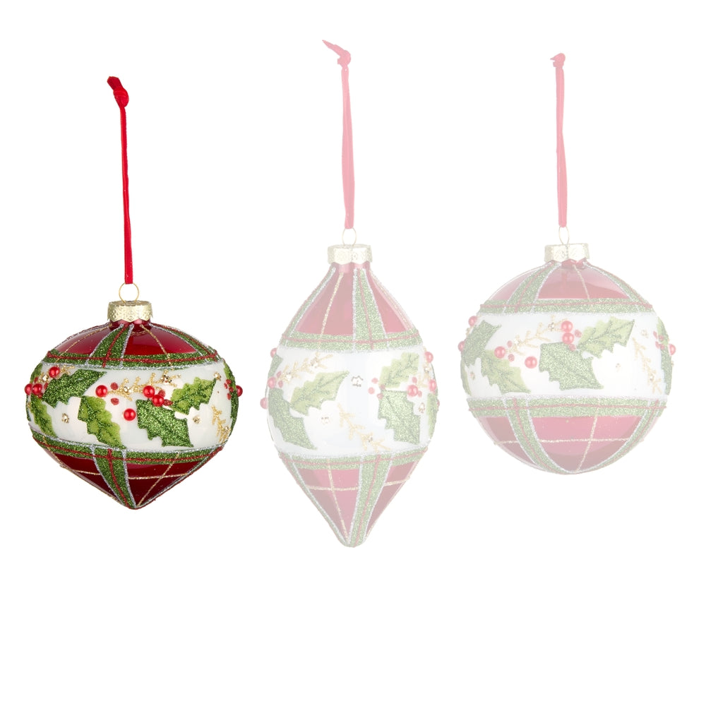 Bauble decorative Christmas ornaments with holly design on a white background.