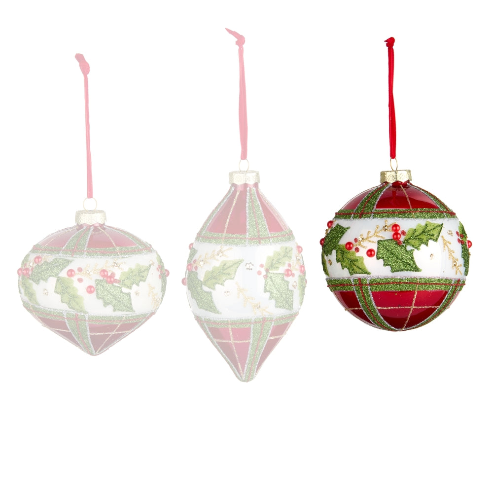 Ball decorative Christmas ornaments with holly design on a white background.