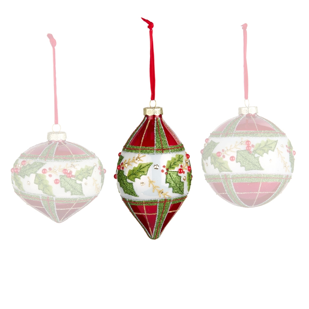  Finial decorative Christmas ornaments with holly design on a white background.