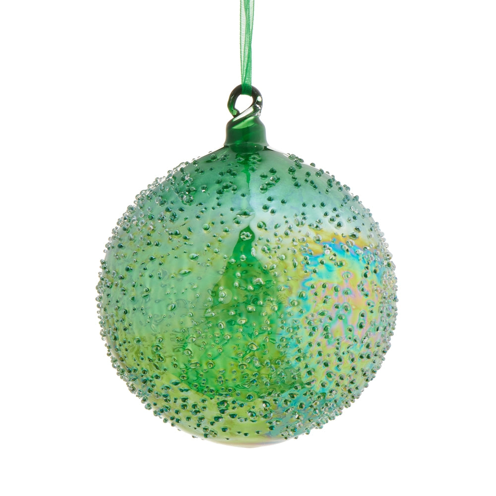 Green Iridescent  Christmas ornament on a white background.