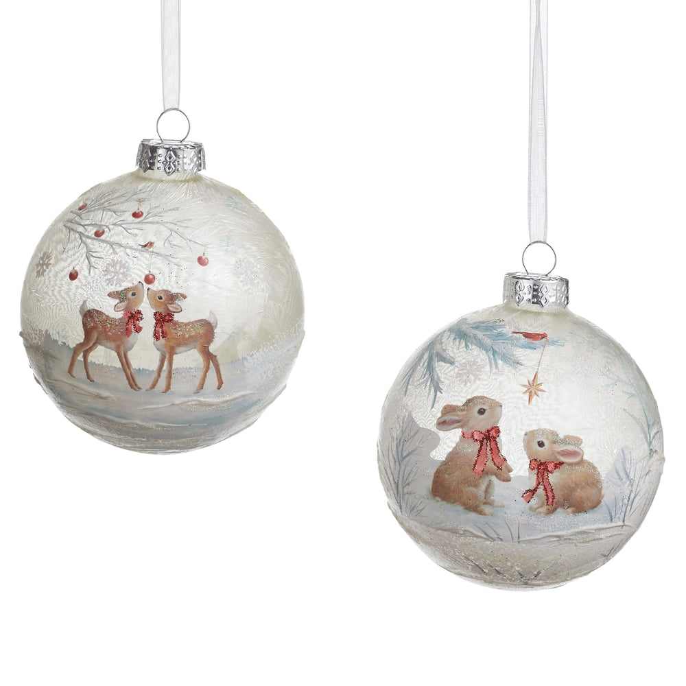 Two Christmas ornaments with deer and rabbits on a white background