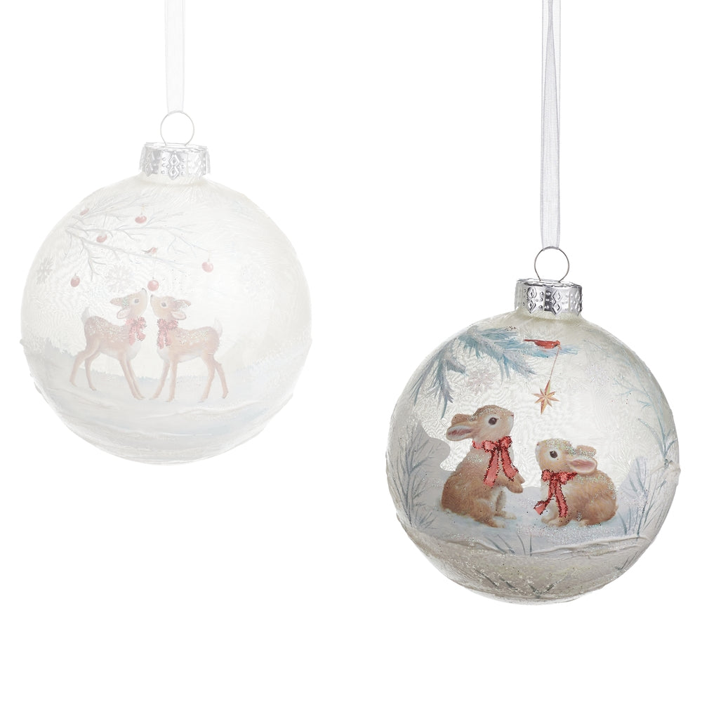 Two Christmas ornaments with animal designs on a white background