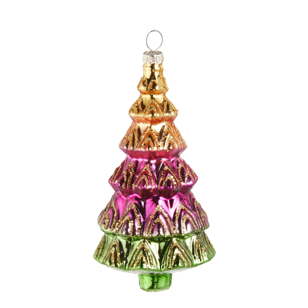 Decorative Christmas tree ornament with gold, pink, and green colors on a white background
