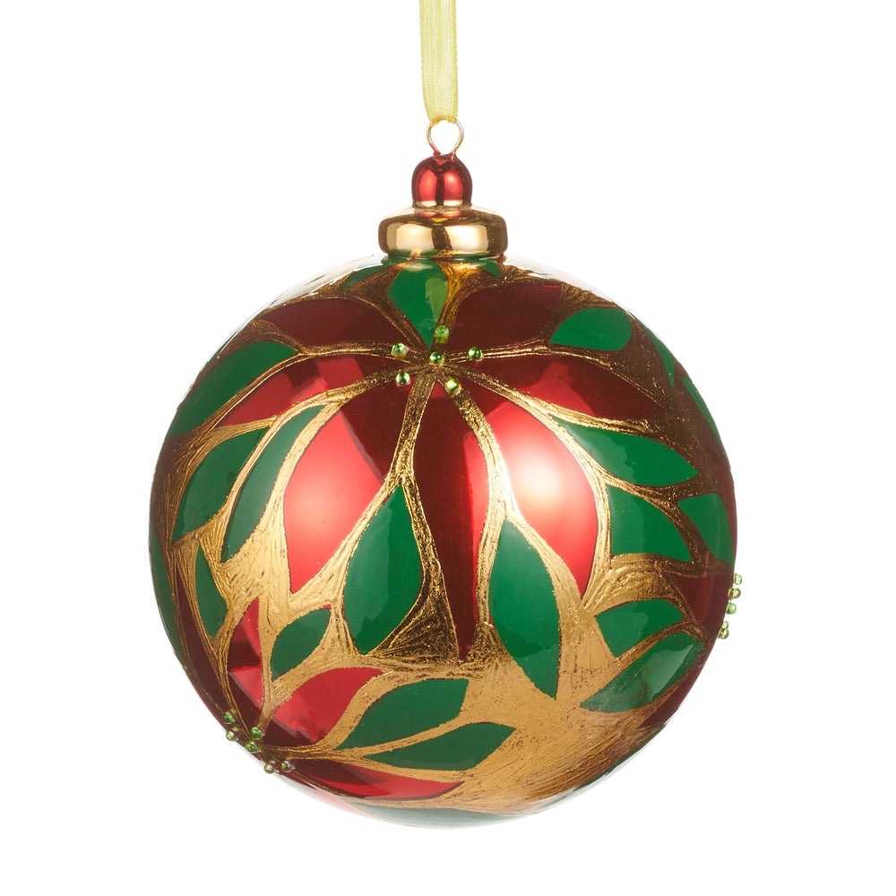 Decorative Christmas ball ornament with red, green, and gold colors on a white background