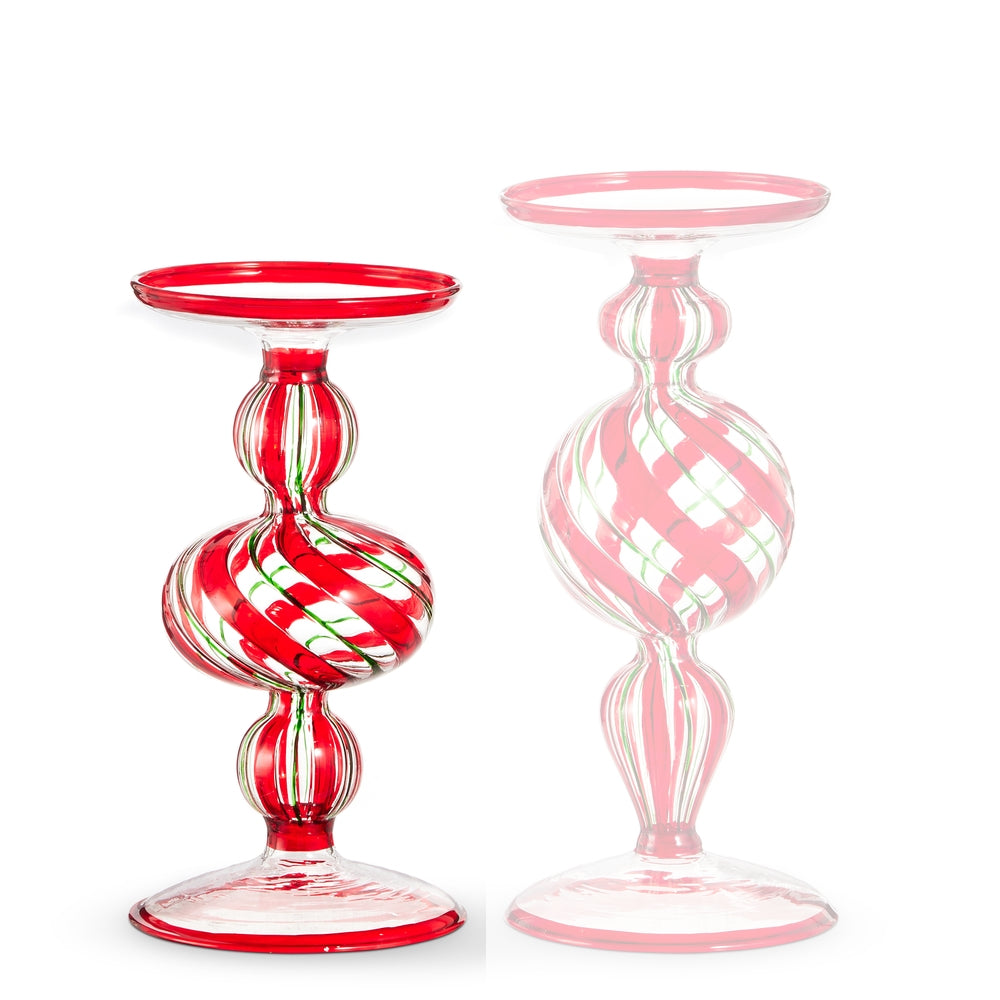 8" red and white striped  glass candle  on a white background.