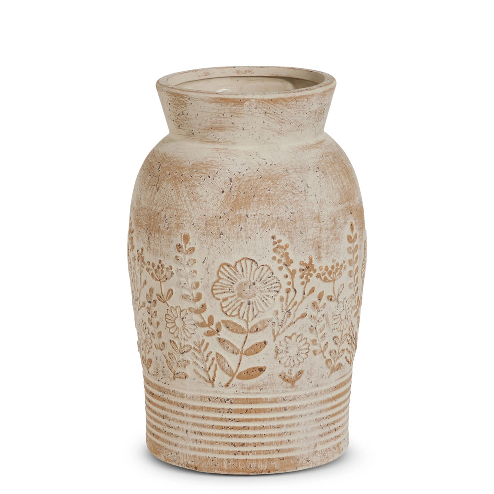 Raz Imports Whitewash Floral Embossed Vase