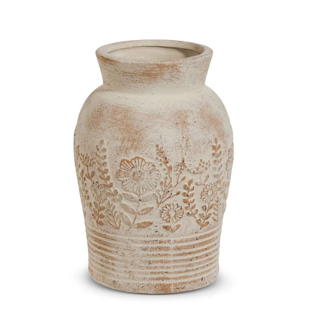 Raz Imports Whitewash Floral Embossed Vase