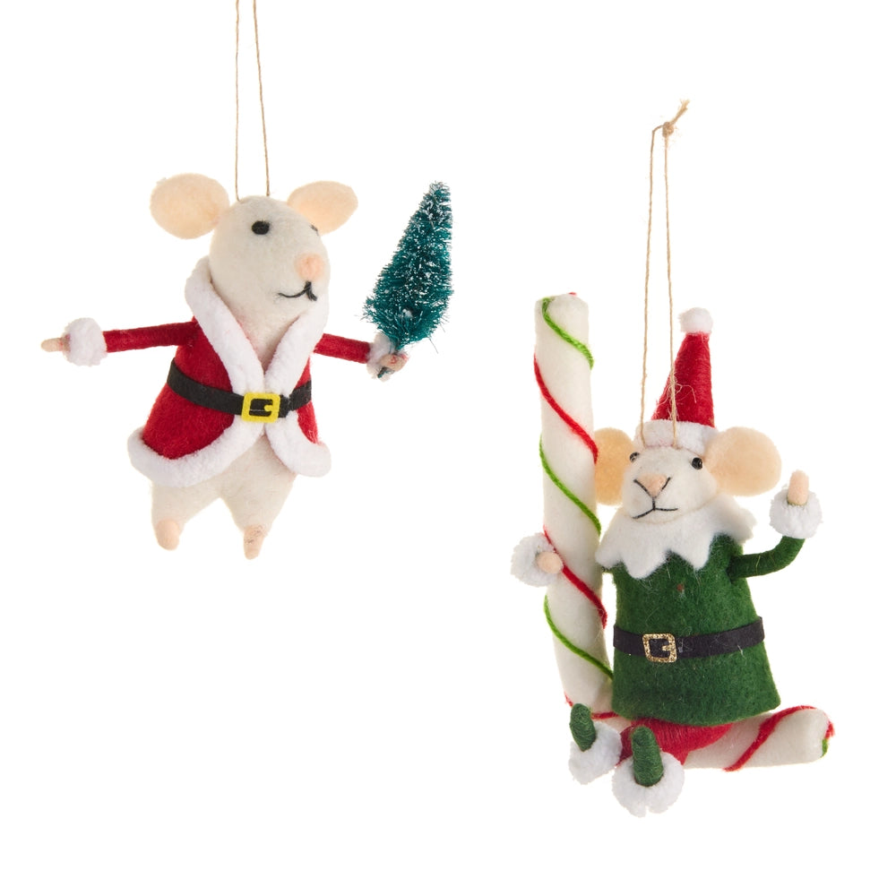 Two Christmas-themed mouse ornaments, one in a Santa outfit and the other in an elf outfit, on a white background.
