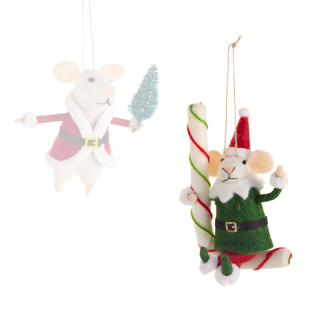 Two Christmas-themed mouse ornaments, one in a Santa outfit and the other in an elf outfit, on a white background.
