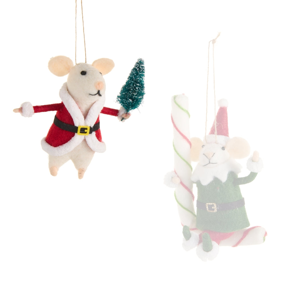 Two Christmas-themed mouse ornaments on a white background