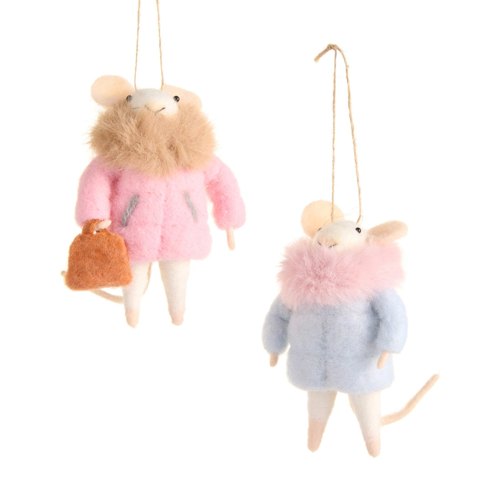 Two plush mouse toys wearing colorful coats and holding bags on a white background