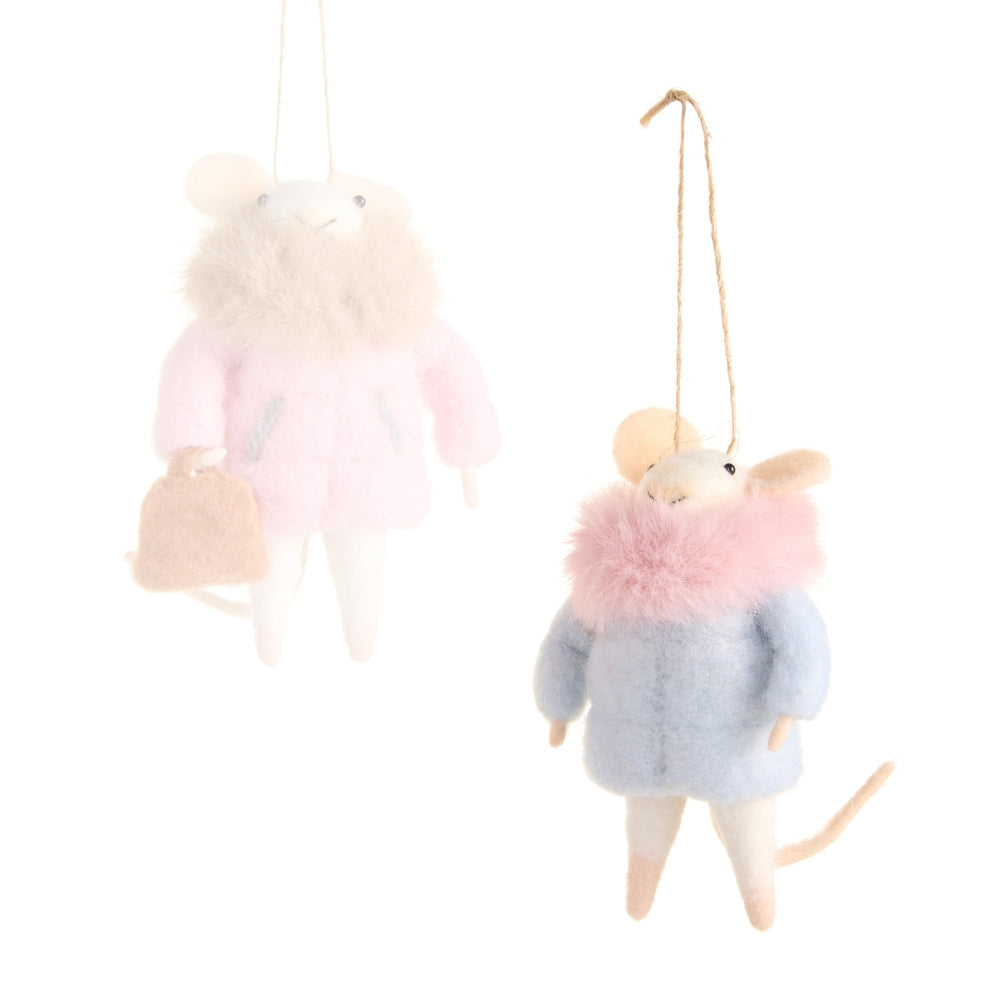 Two plush mouse toys with fur trim and colorful coats on a white background