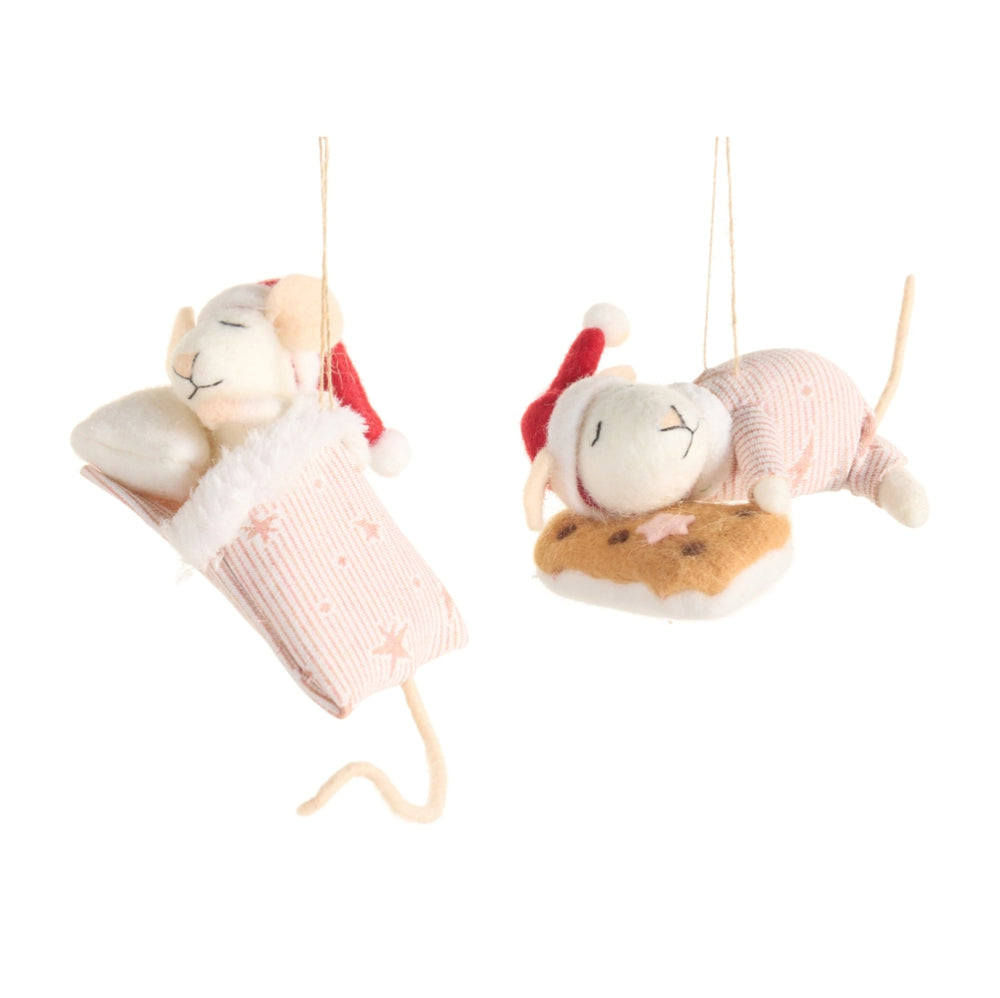 Two plush mouse ornaments on a white background