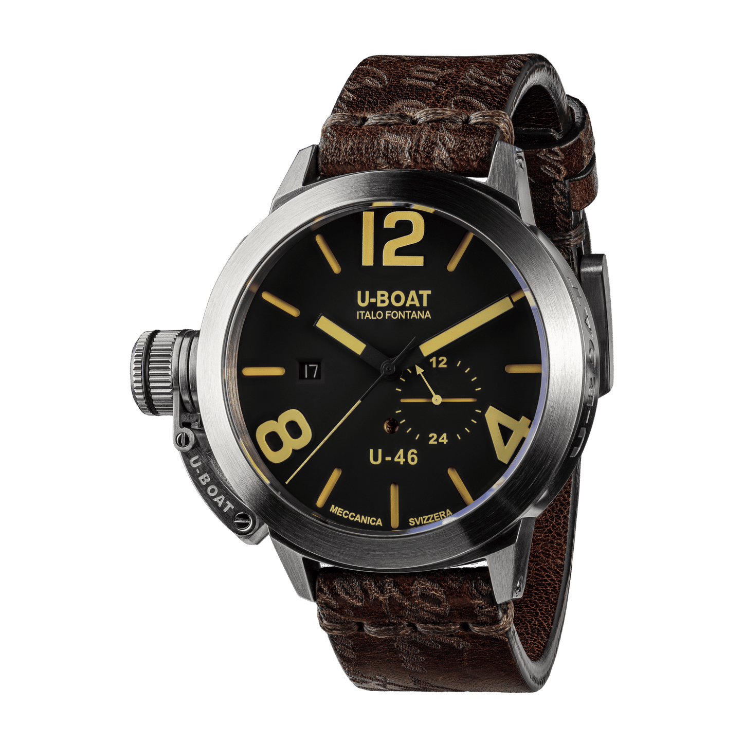 U-Boat watch with brown leather strap and black dial on a transparent background