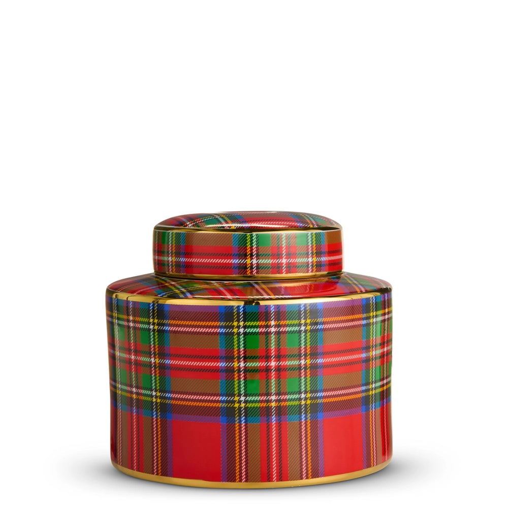 Tartan-patterned cylindrical jar with a lid
