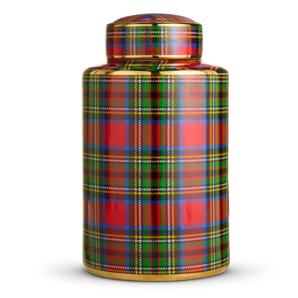 Cylindrical jar with a plaid pattern on a white background
