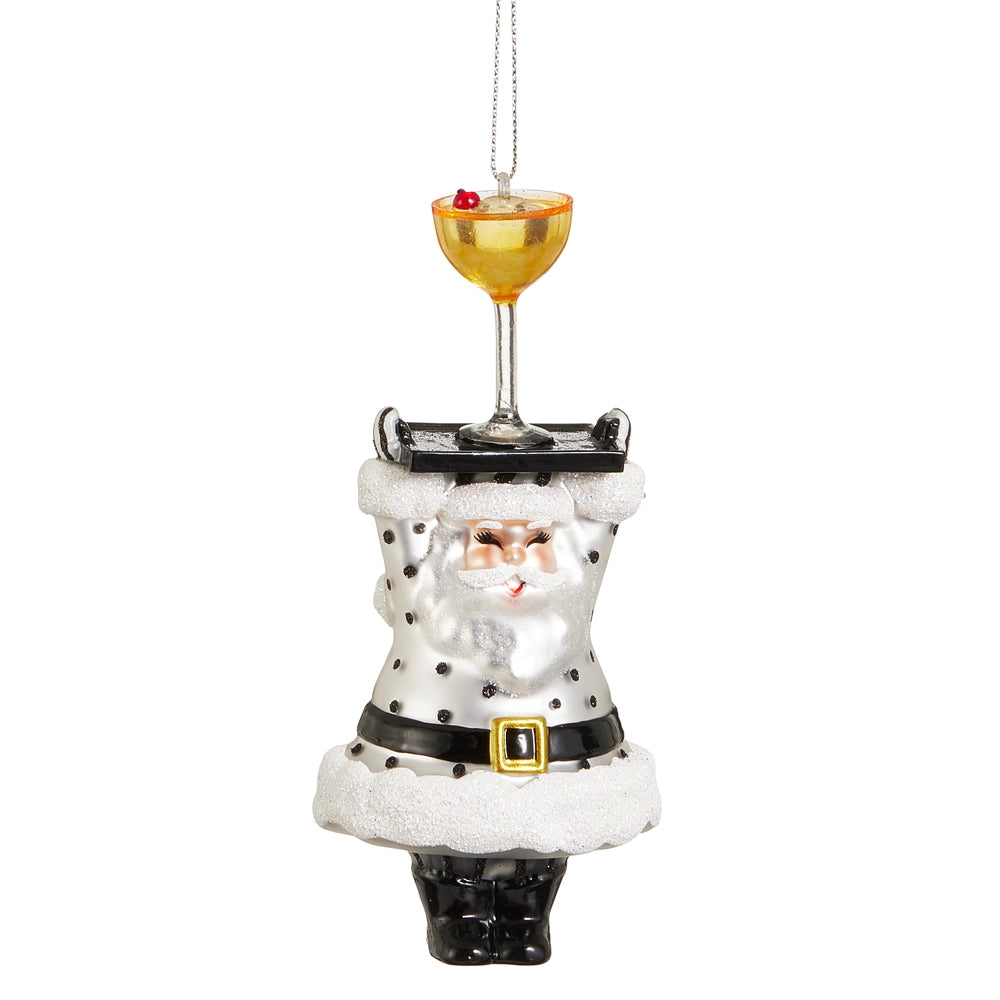 Decorative ornament of a Santa Claus figure with a cocktail on a white background.