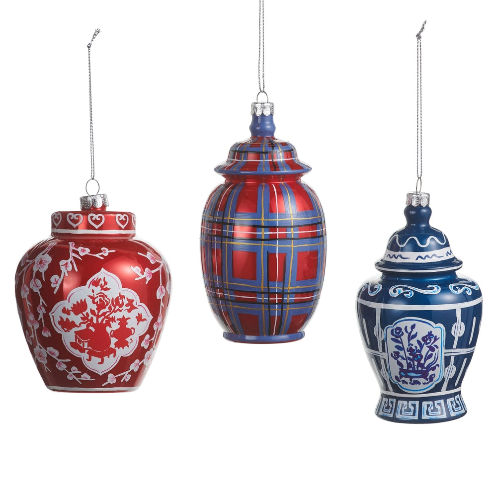Three decorative vases with plaid, floral, and patterned designs on a white background
