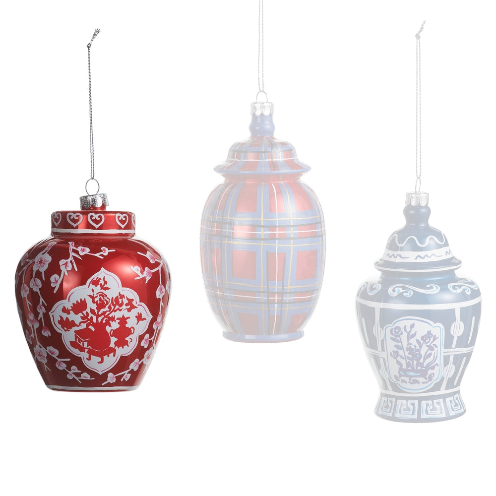 Three decorative urn-shaped ornaments in red, white, and blue on a white background