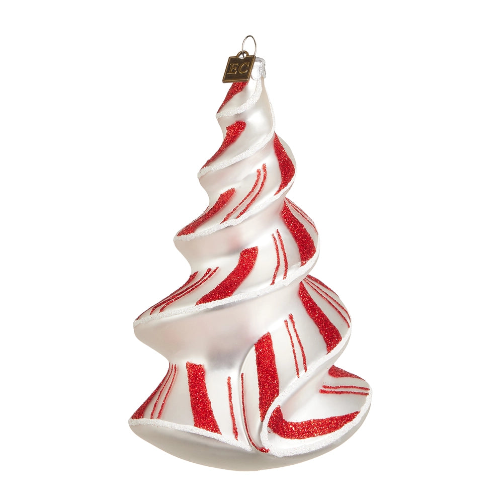 Decorative Christmas ornament with red and white striped pattern on a white background