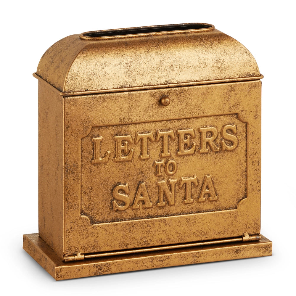 GOLD mailbox with 'Letters to Santa' text on a white background