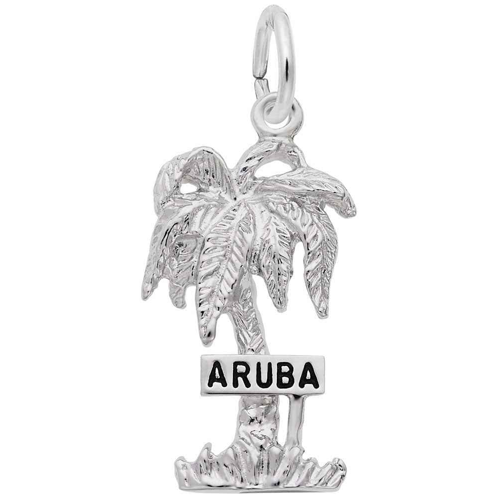Silver palm tree charm with 'Aruba' text on a white background