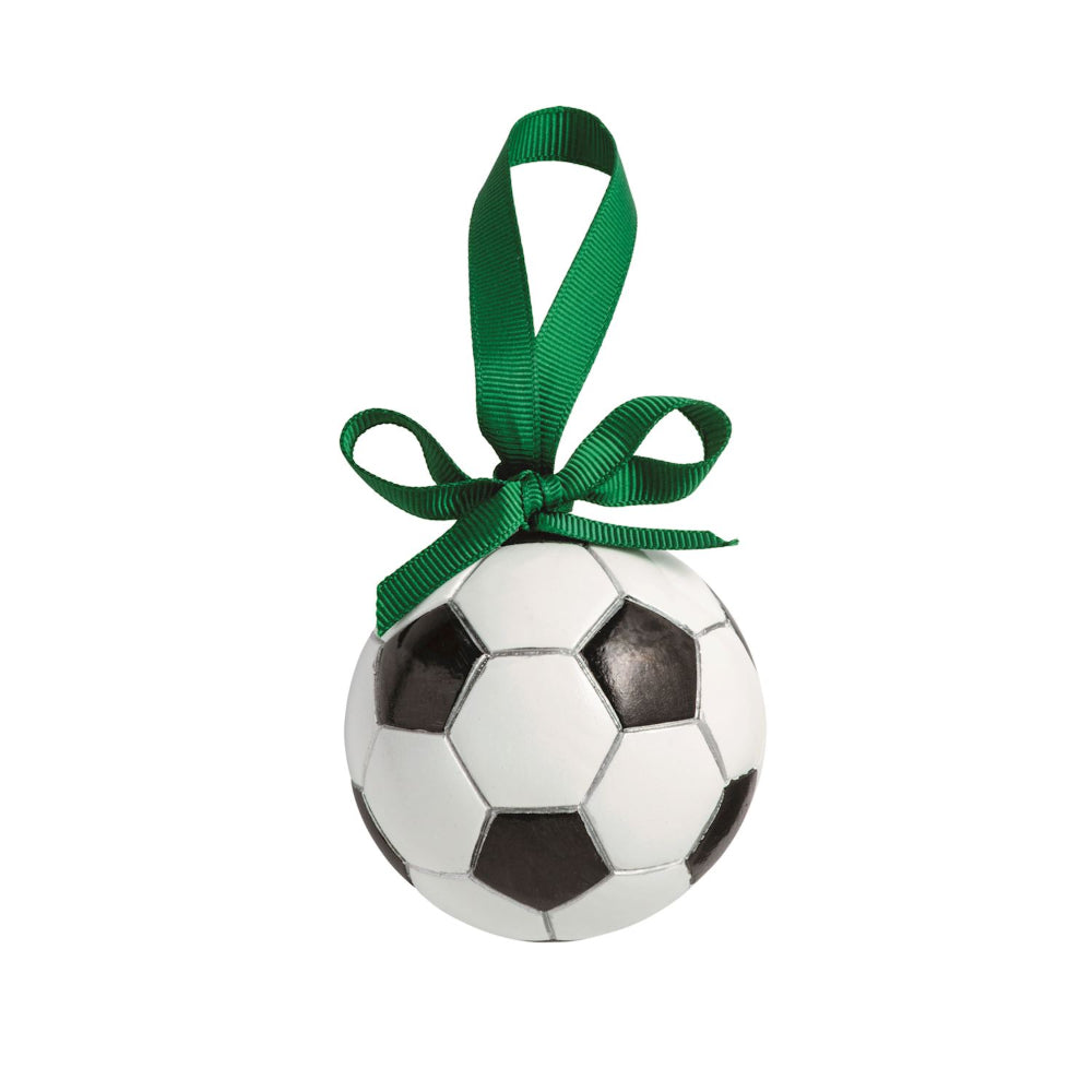 Soccer ball ornament with a green ribbon on a white background