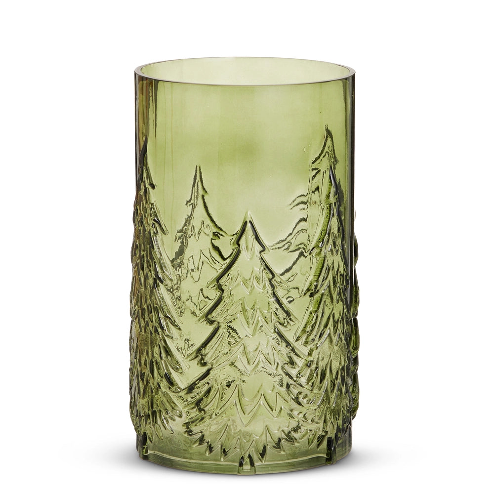 Green glass container with trees