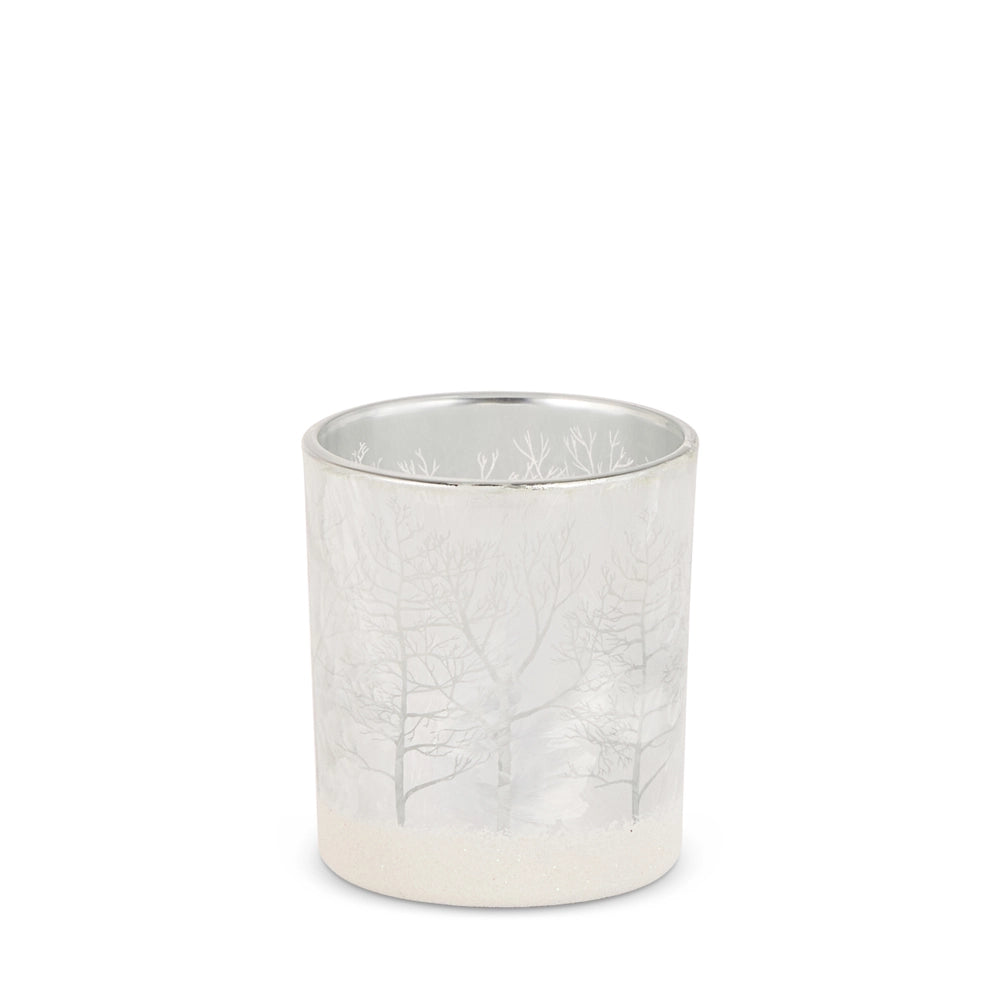 Silver container with tree pattern on a white background