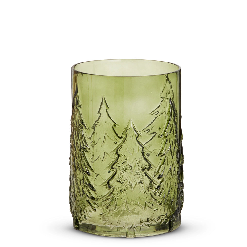 Green glass container with trees