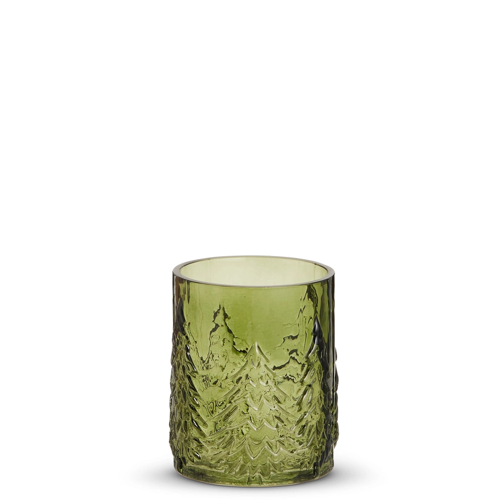 Green glasscontainer with tree pattern on a white background