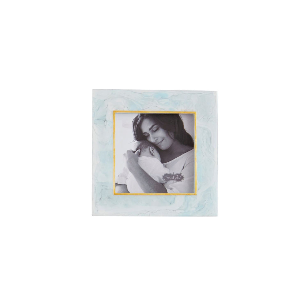 Blue square decorative photo frame with a marble-like texture on a white background.
