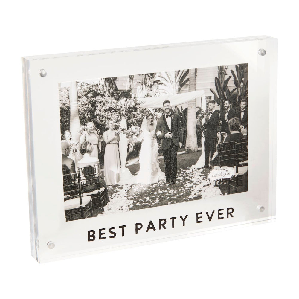 Acrylic photo frame with a wedding photo and 'Best Party Ever' text on a white background.