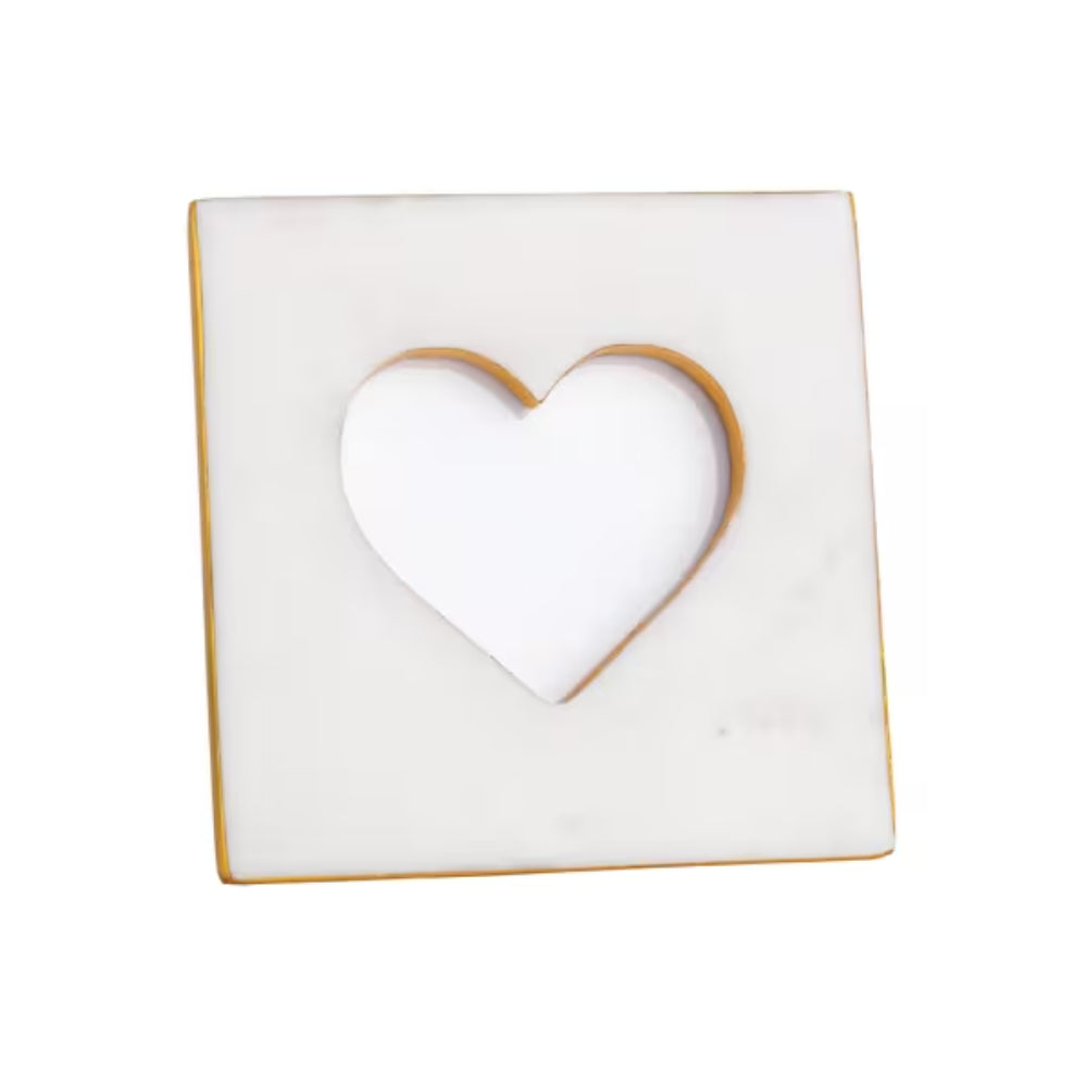 A square white marble-style picture frame with a heart-shaped cutout in the center, finished with a thin gold border, shown on a plain white background.