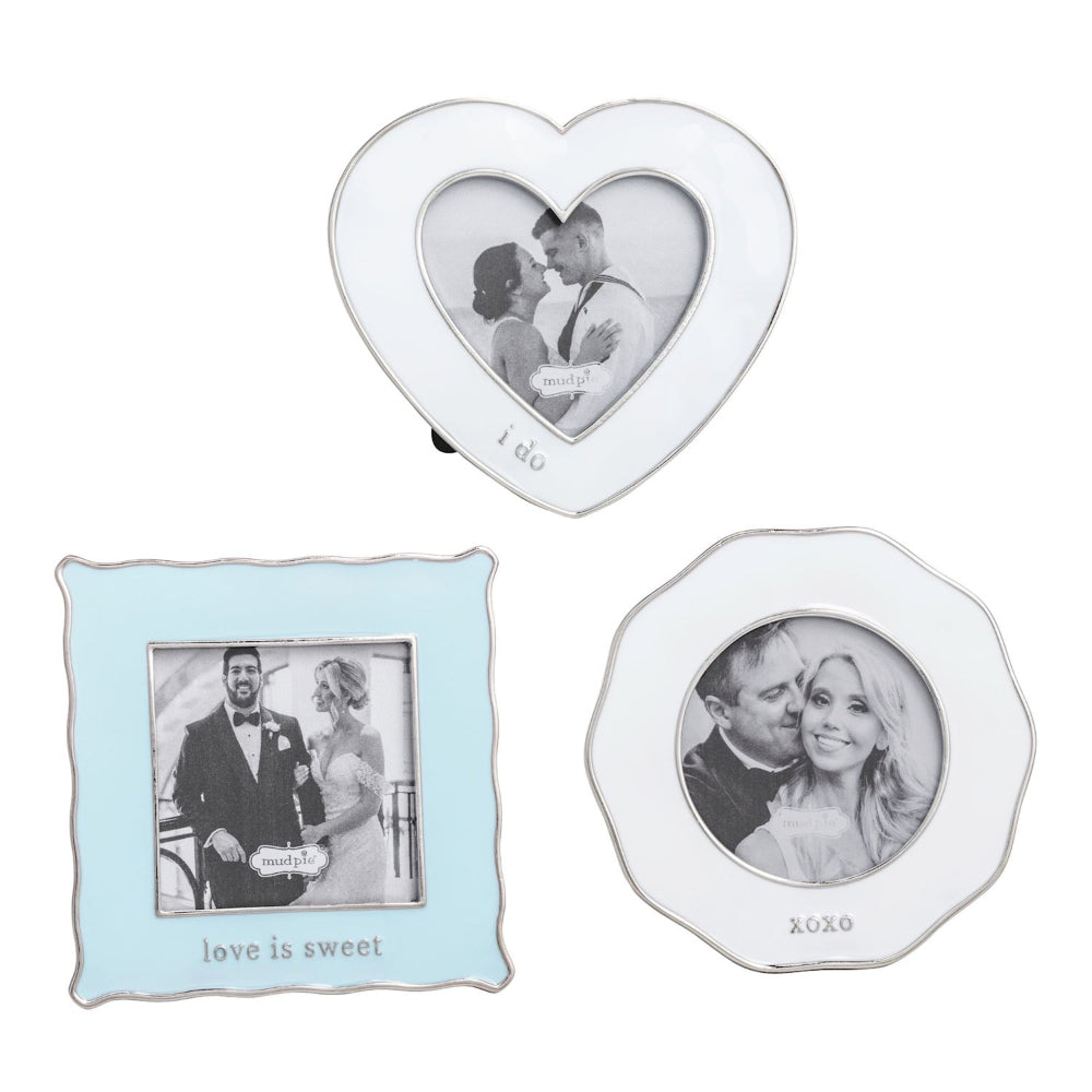 Three decorative photo frames with heart, square, and octagonal shapes on a white background.