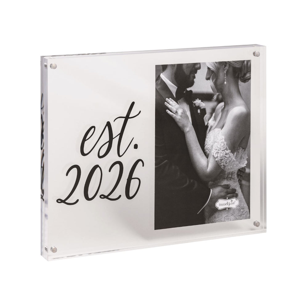 Acrylic photo frame with 'est. 2026' text and a couple's photo inside.