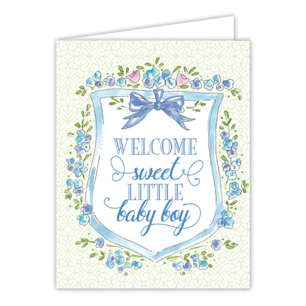 Welcome Sweet Little Boy Blue Floral Crest Greeting Card