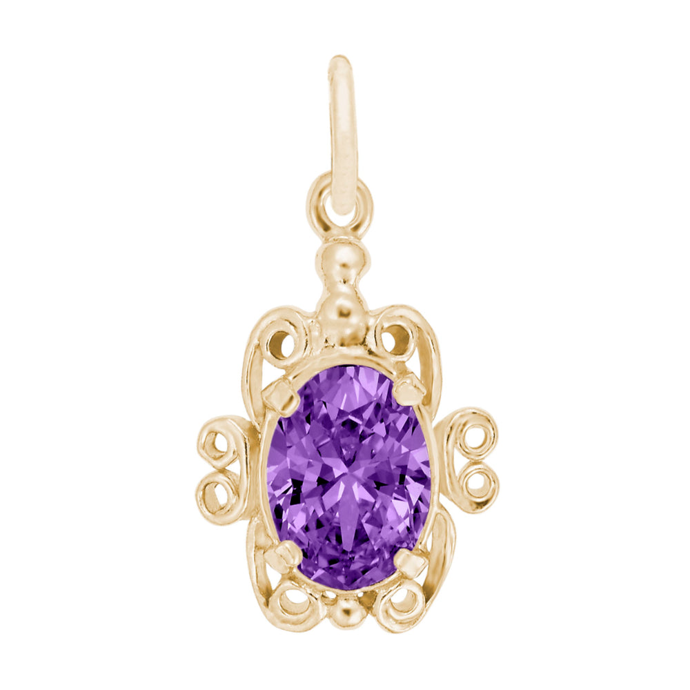 Gold pendant with a purple gemstone on a white background