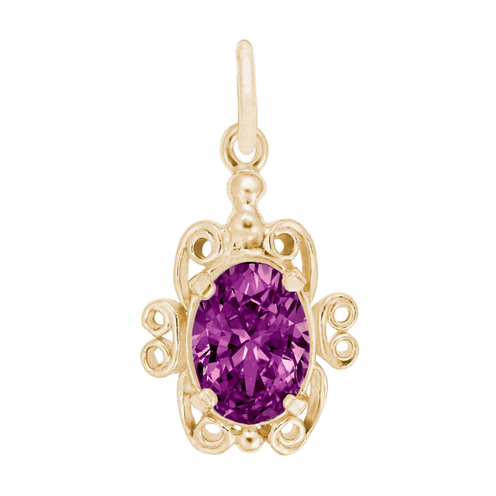 Gold pendant with a purple gemstone on a white background