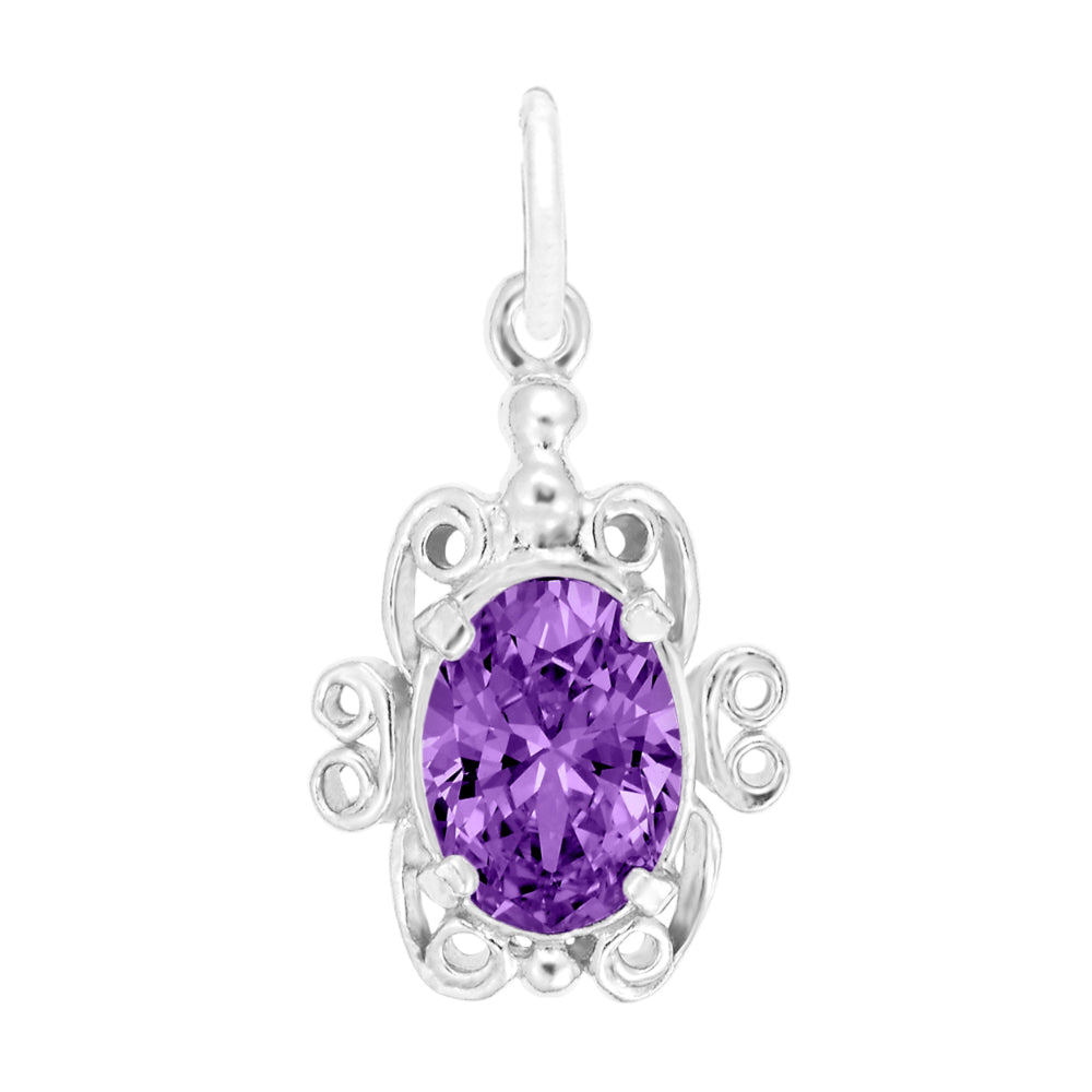 Silver pendant with a purple gemstone on a white background